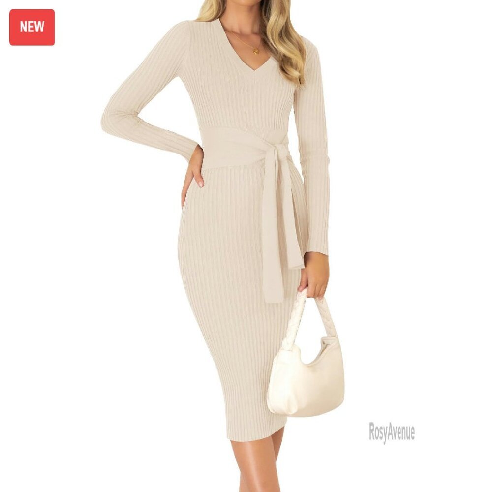 Ribbed Knit Sweater Dress V-Neck Long Sleeve Bodycon Midi